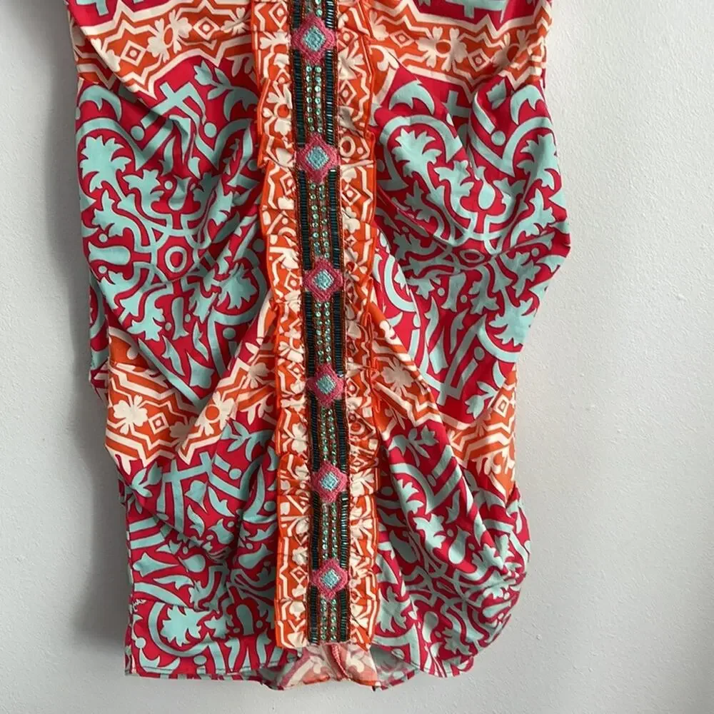 Hale Bob ruched printed ruffle front beaded sleeveless tank dress sz S - Picture 3 of 7